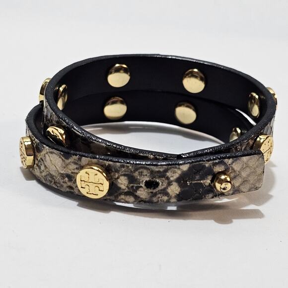 Tory Burch Snakeskin Black & Brown Leather Logo Studded Double Wrap Bracelet - Picture 2 of 6